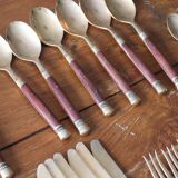Antique wood and brass cutlery set – 41 pieces