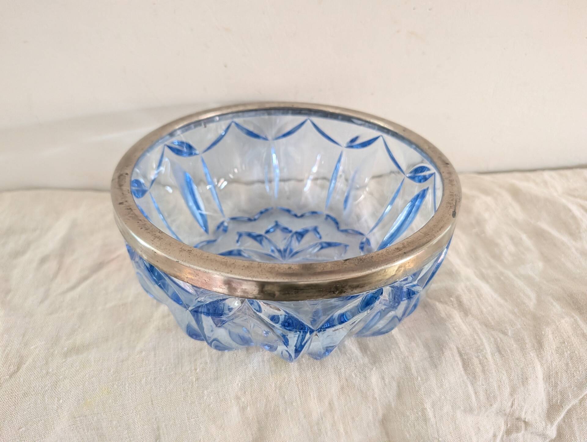 Cut blue glass bowl, silver-plated rim – 1950s-1970s