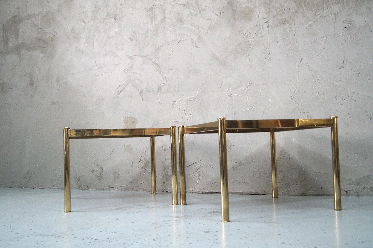 Set of 3 Italian minimalist brass coffee tables, 1970s