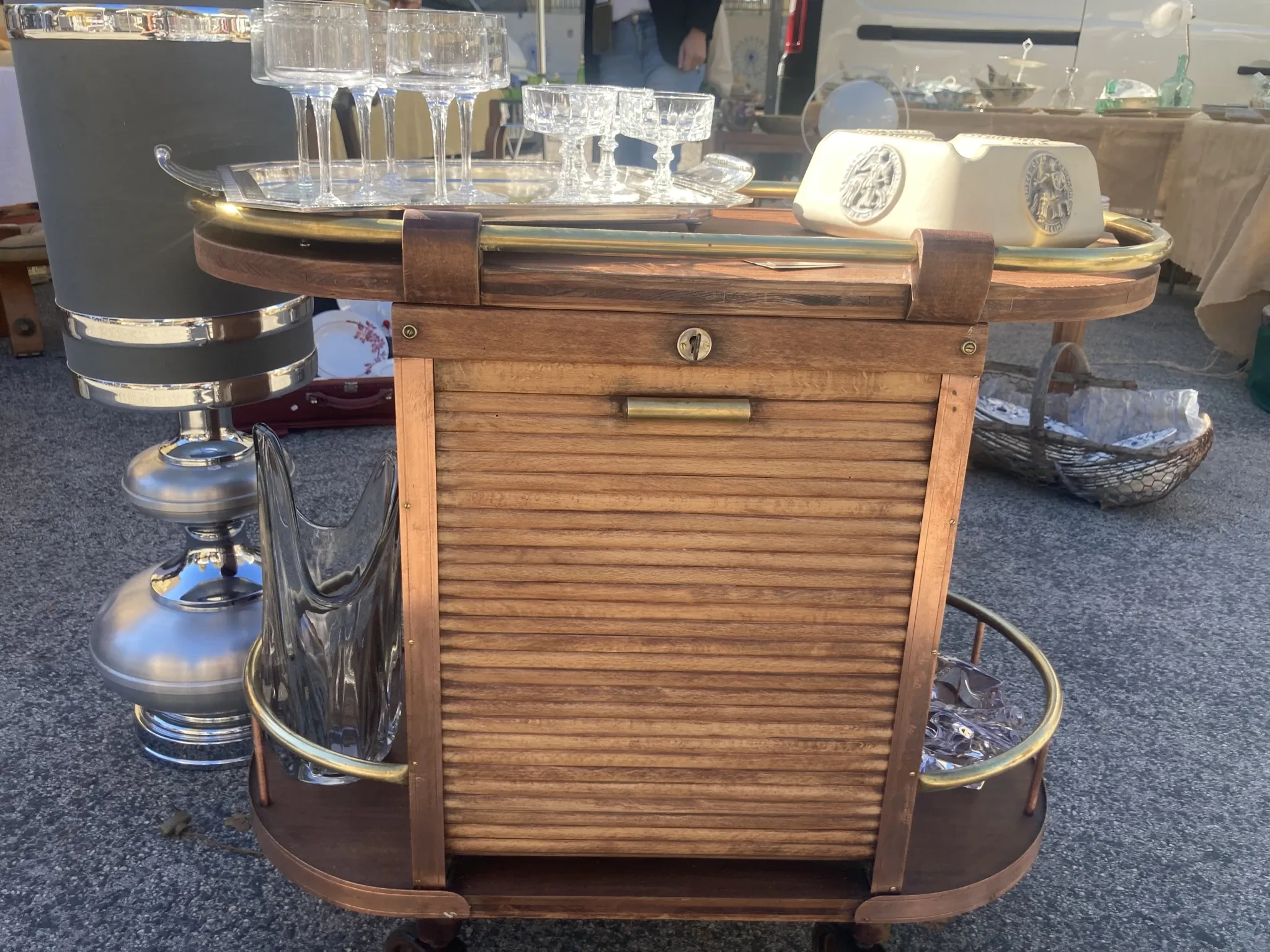 Vintage wooden and brass rolling dessert trolley – 1950s/60s