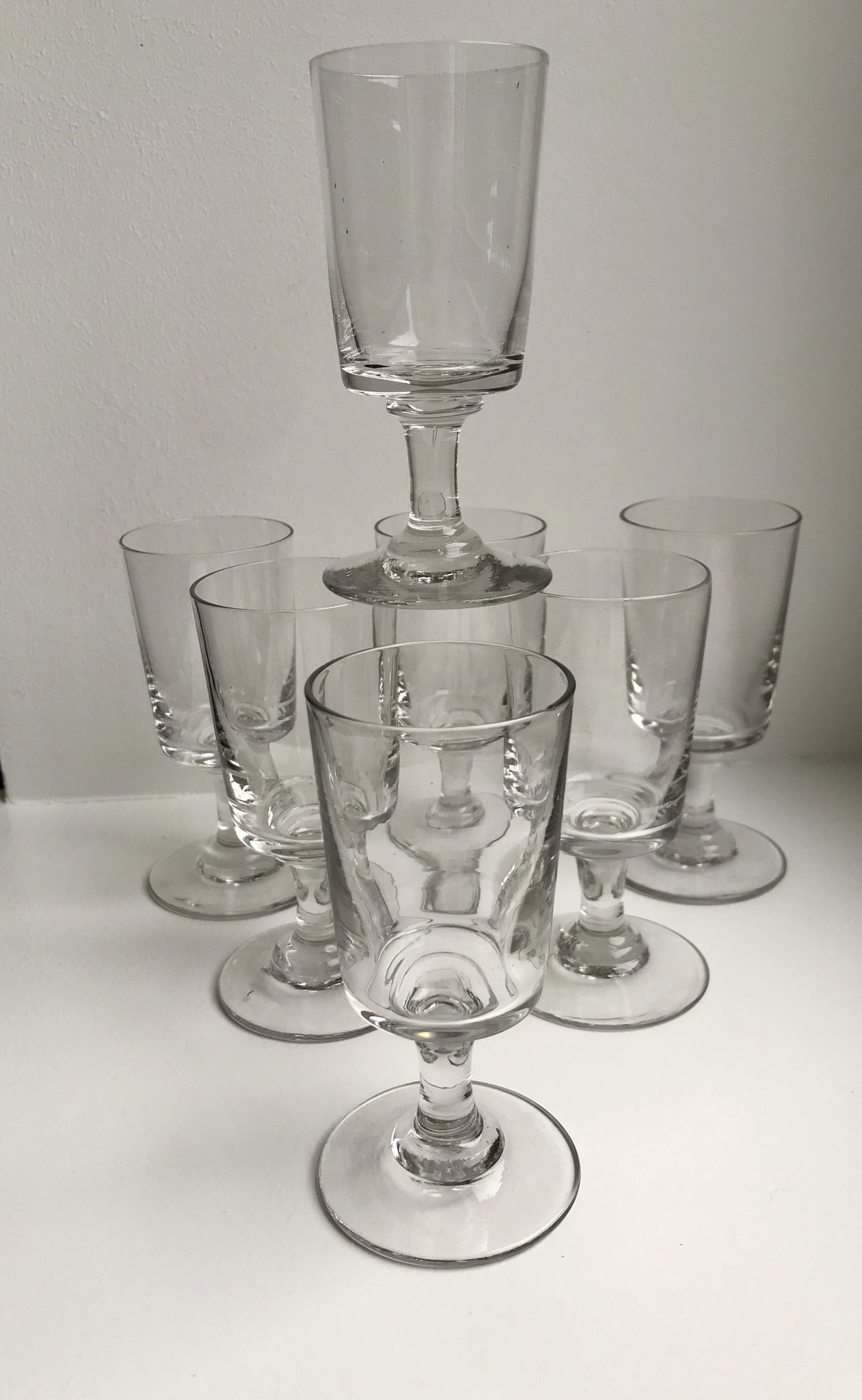 set of 7 glasses with molded glass stems old early twentieth century