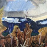 Mid-century modern swedish vintage landscape oil painting