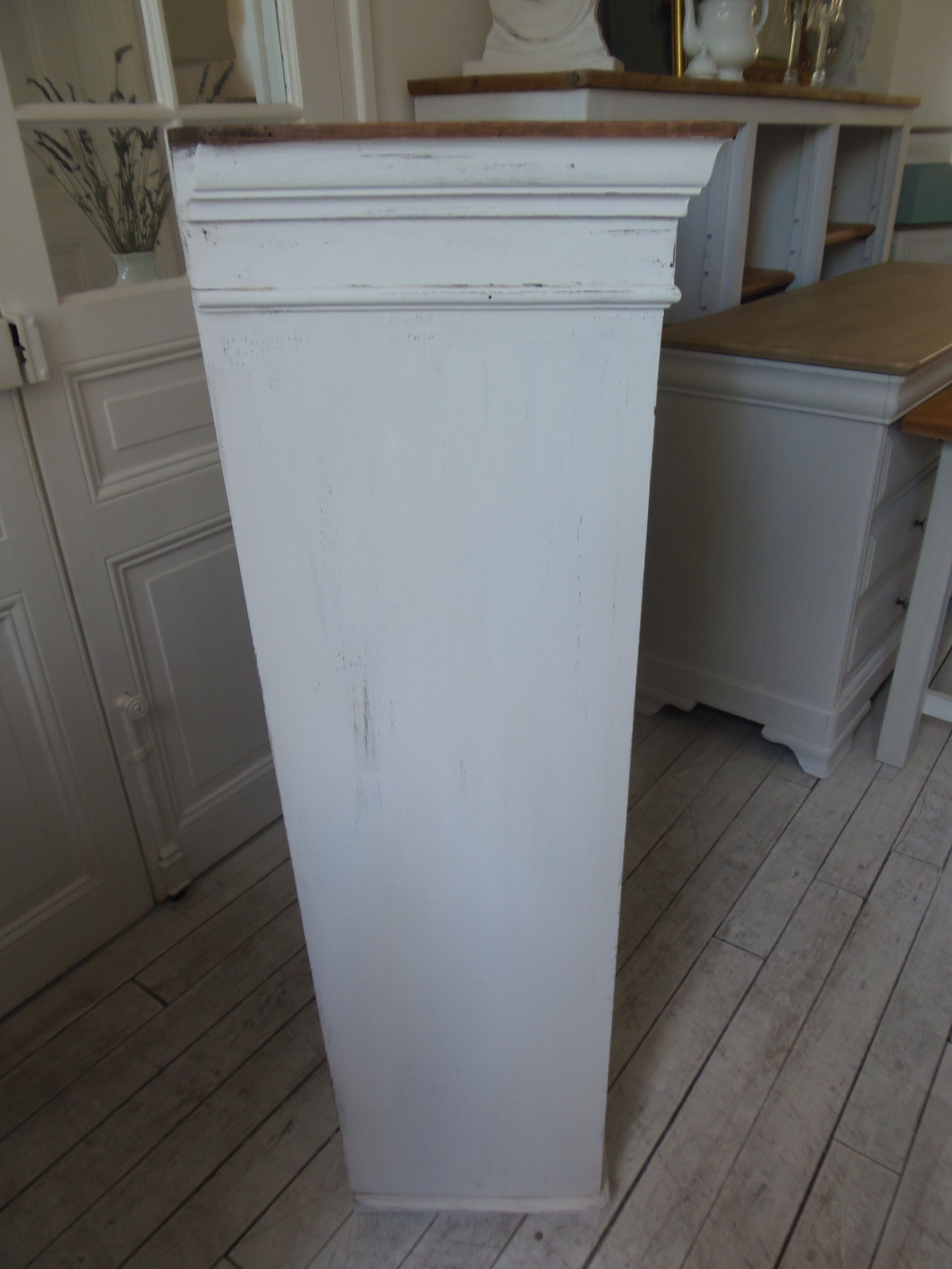 Showcase, bookcase, vintage pearl grey patinated cupboard, wooden top.