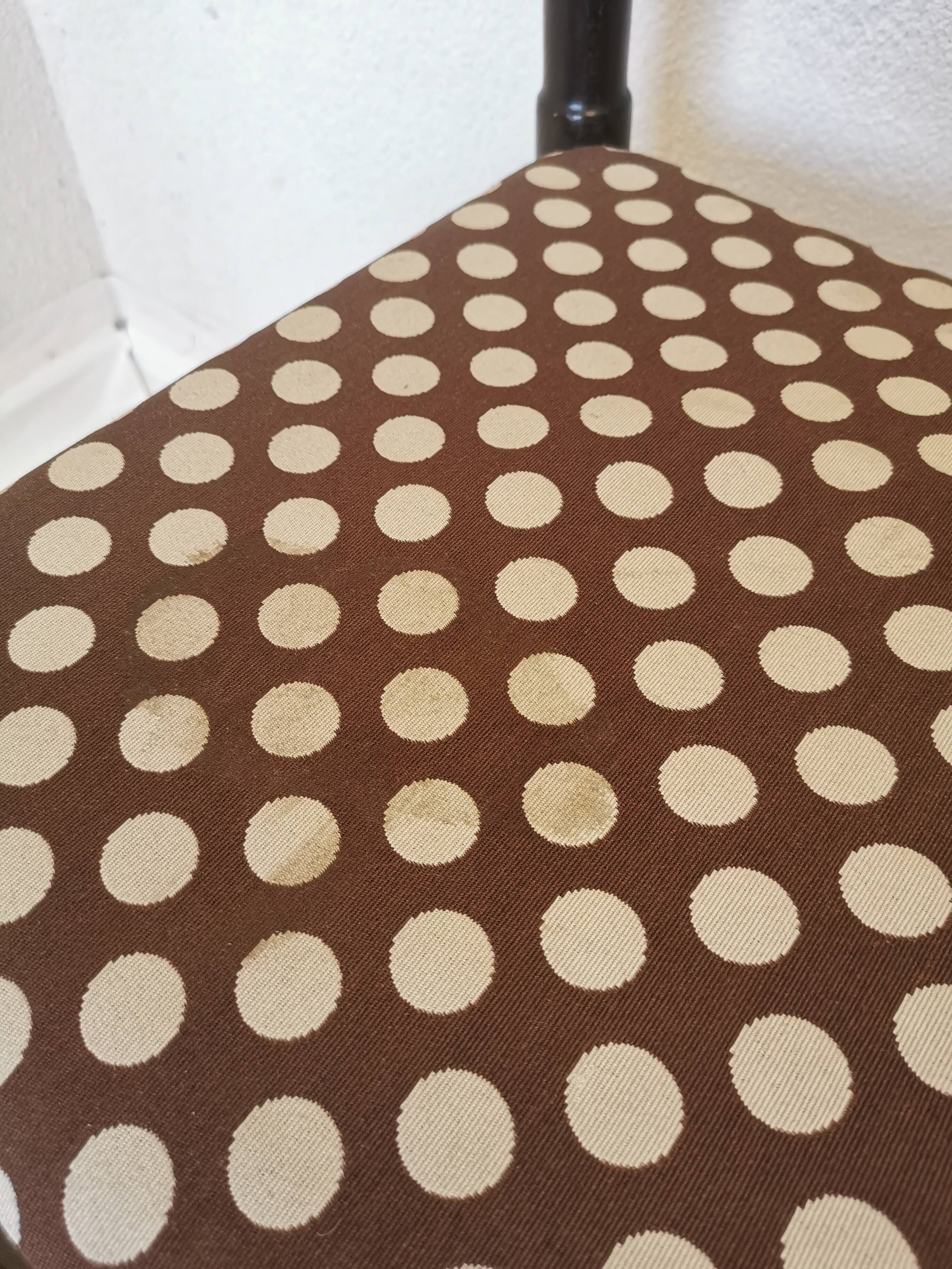 Set of 2 Vintage Wooden Dining Chairs: Brown & White Polka Dot Fabric 80s