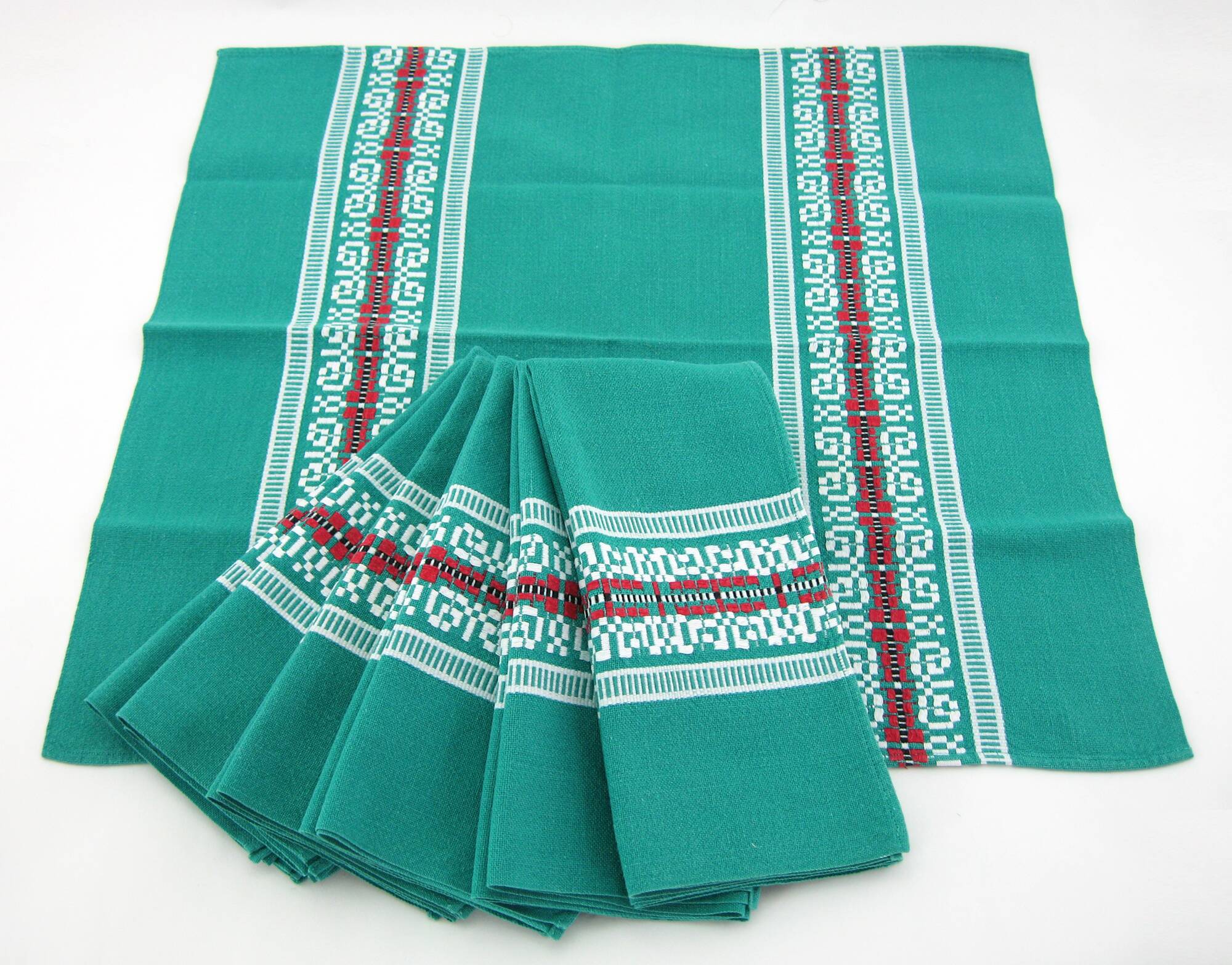 7 green cotton napkins - Basque Country France - vintage 60s