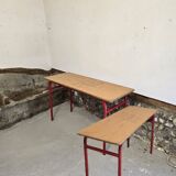 Set of 2 double school desks 1970 red steel and oak