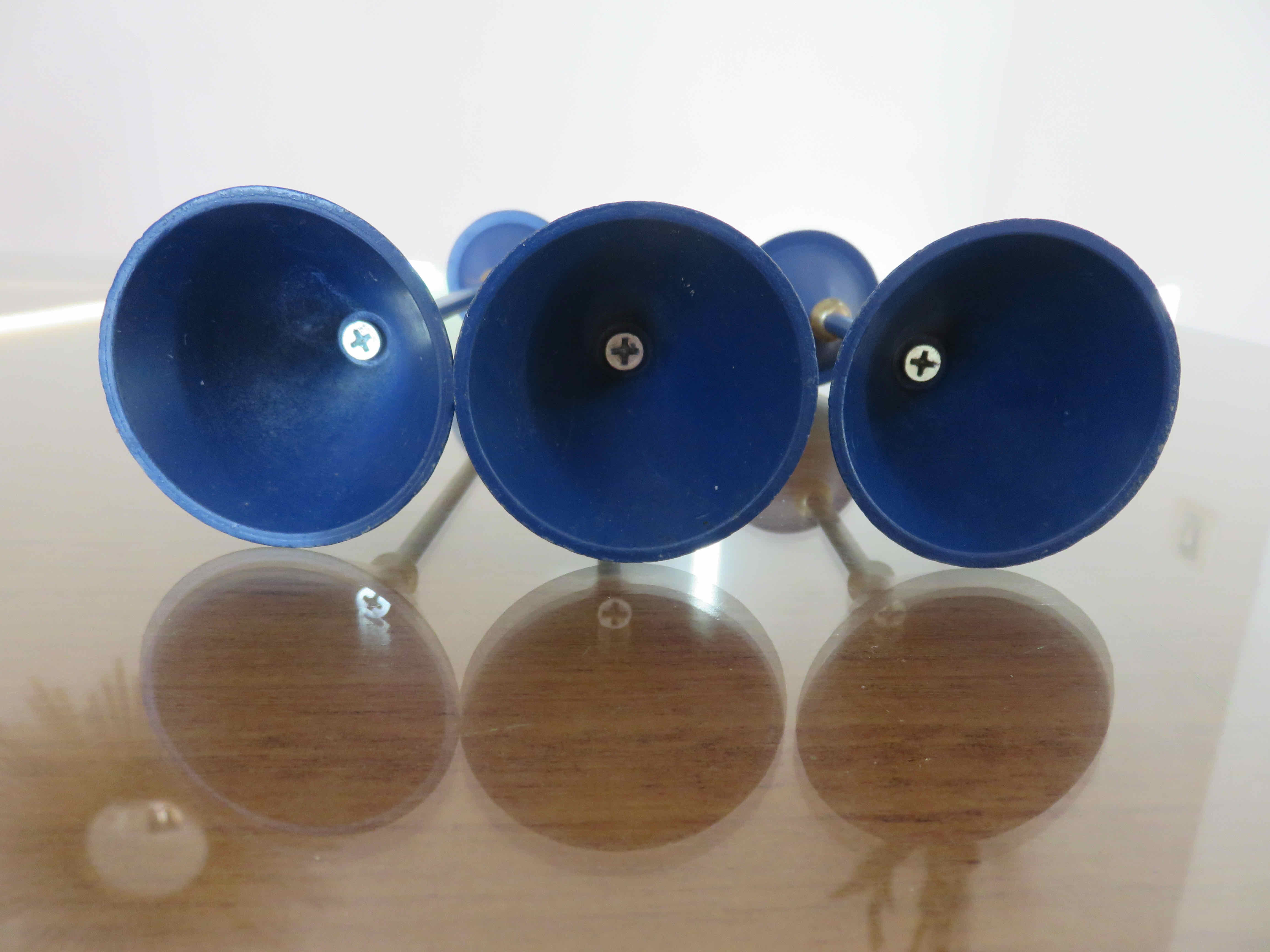 3 modernist Scandinavian candlesticks in blue lacquered metal and brass 60s 70s