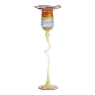 Opalescent and colored glass candlestick in the shape of a flower, Karl Schmid, 1985