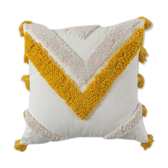 Coussin jaune bohème pompons 45x45 cm