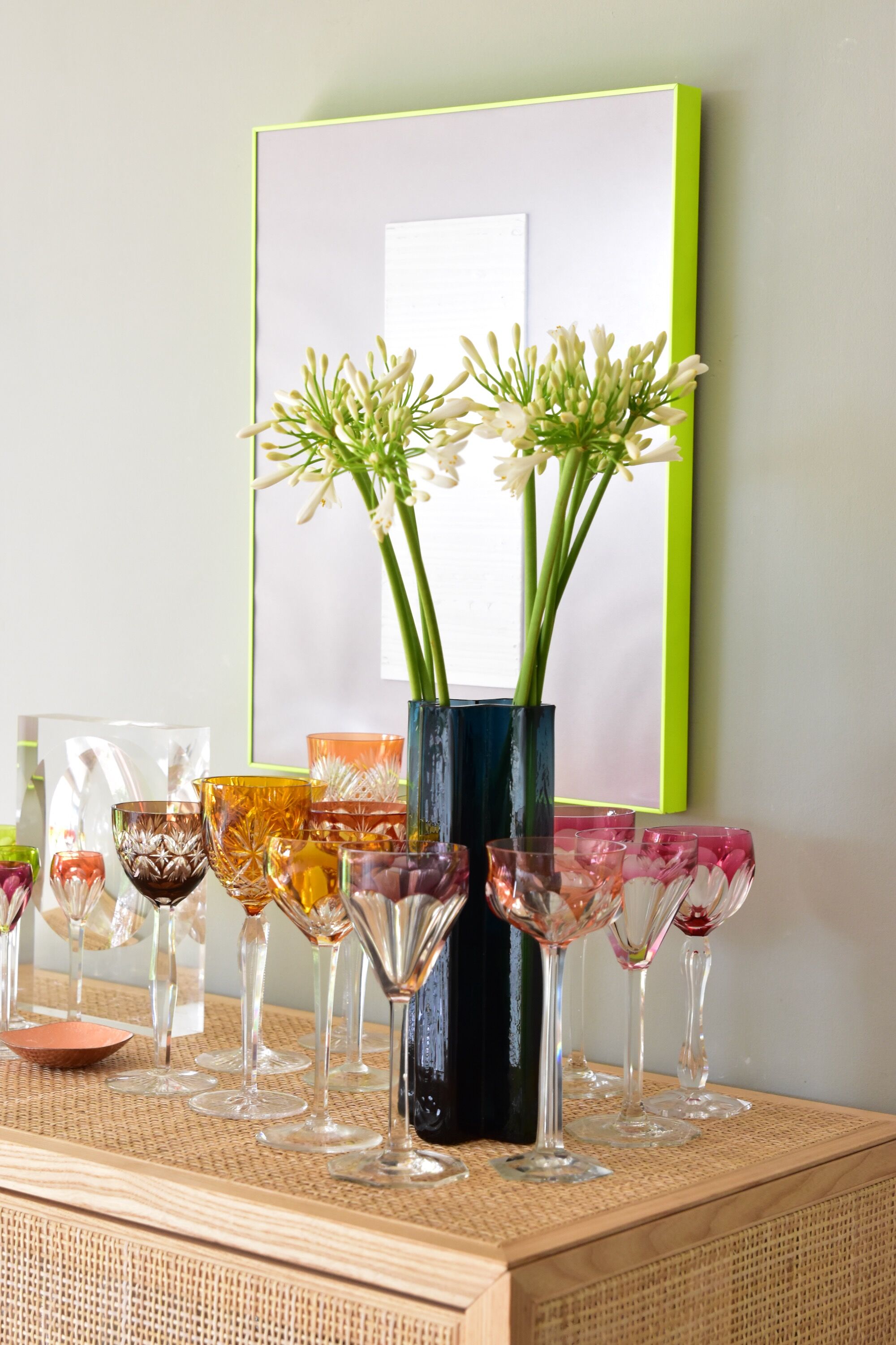 Set of 6 Bohemian Multicolored Antique Crystal Wine Glasses