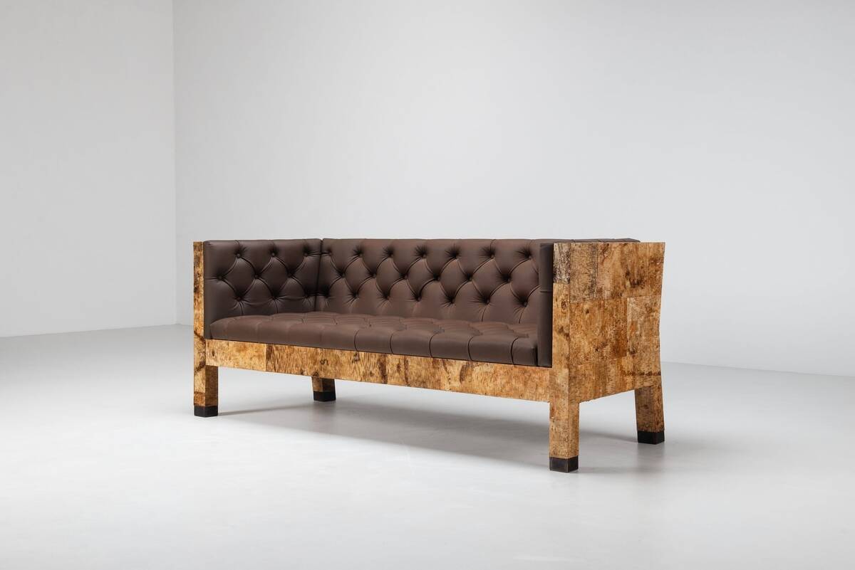 Werner Neumann sculptural birchwood sofa in birch bark and leather, The Netherlands