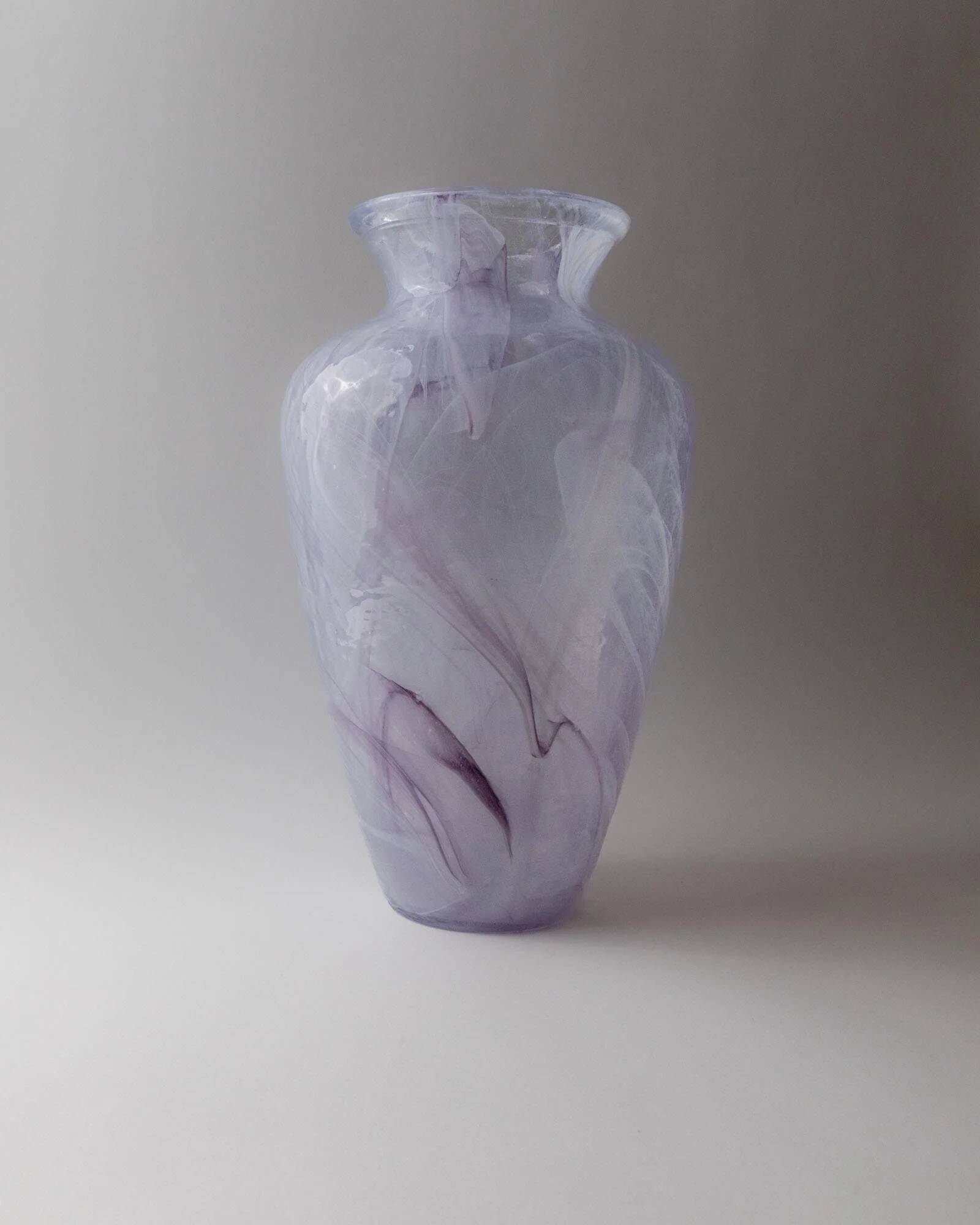 Vintage Murano glass vase from the 1970s, lilac and white swirl.
