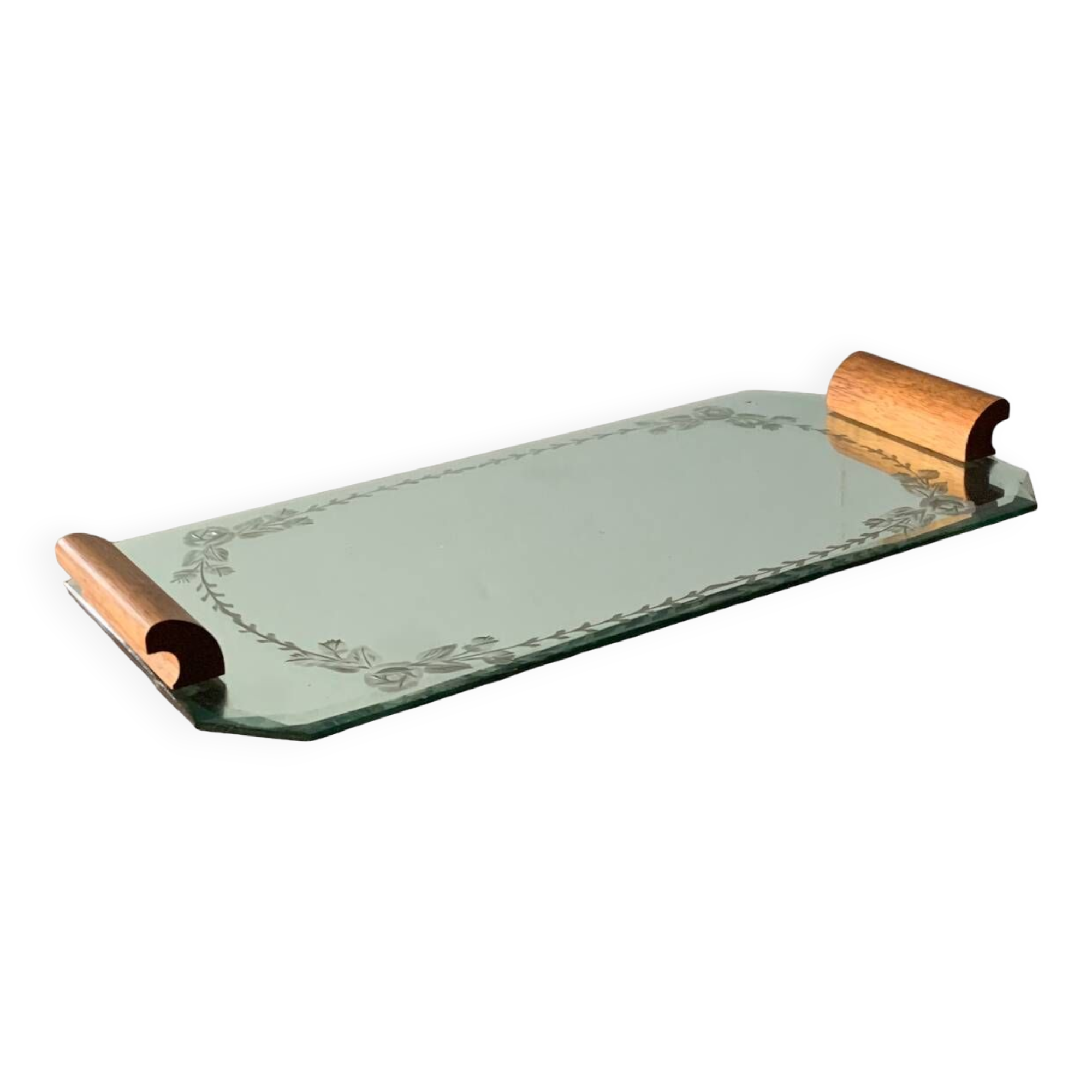 Art Deco mirrored tray with wooden handles