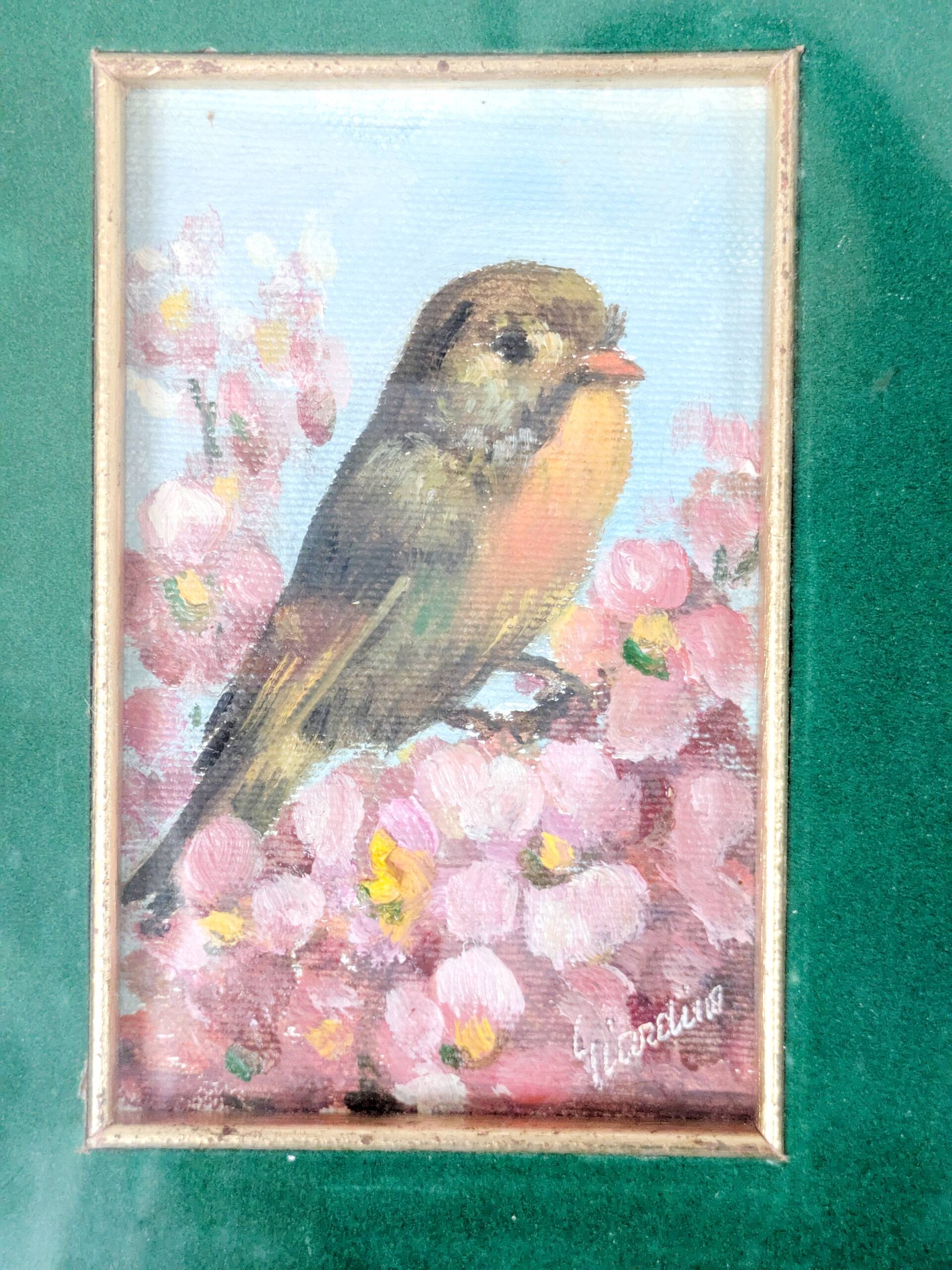 Vintage oil painting signed, robin, distressed frame.