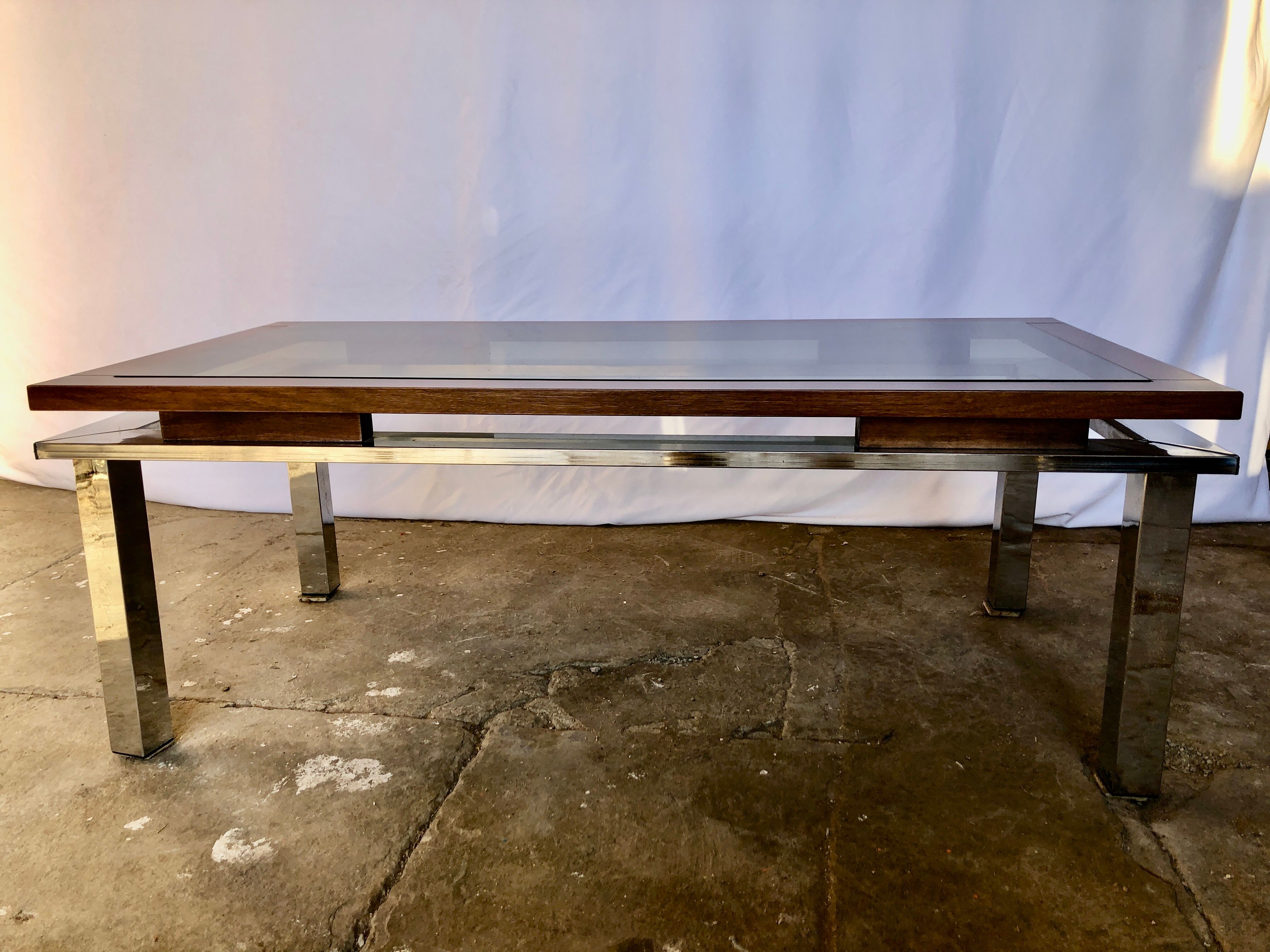 Table basse chrome bois et verre