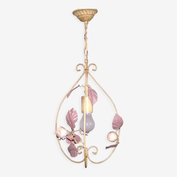 French vintage single light cream & gold cage style tole ware ceiling light 4208