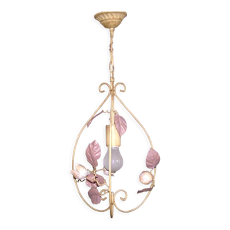 French vintage single light cream & gold cage style tole ware ceiling light 4208