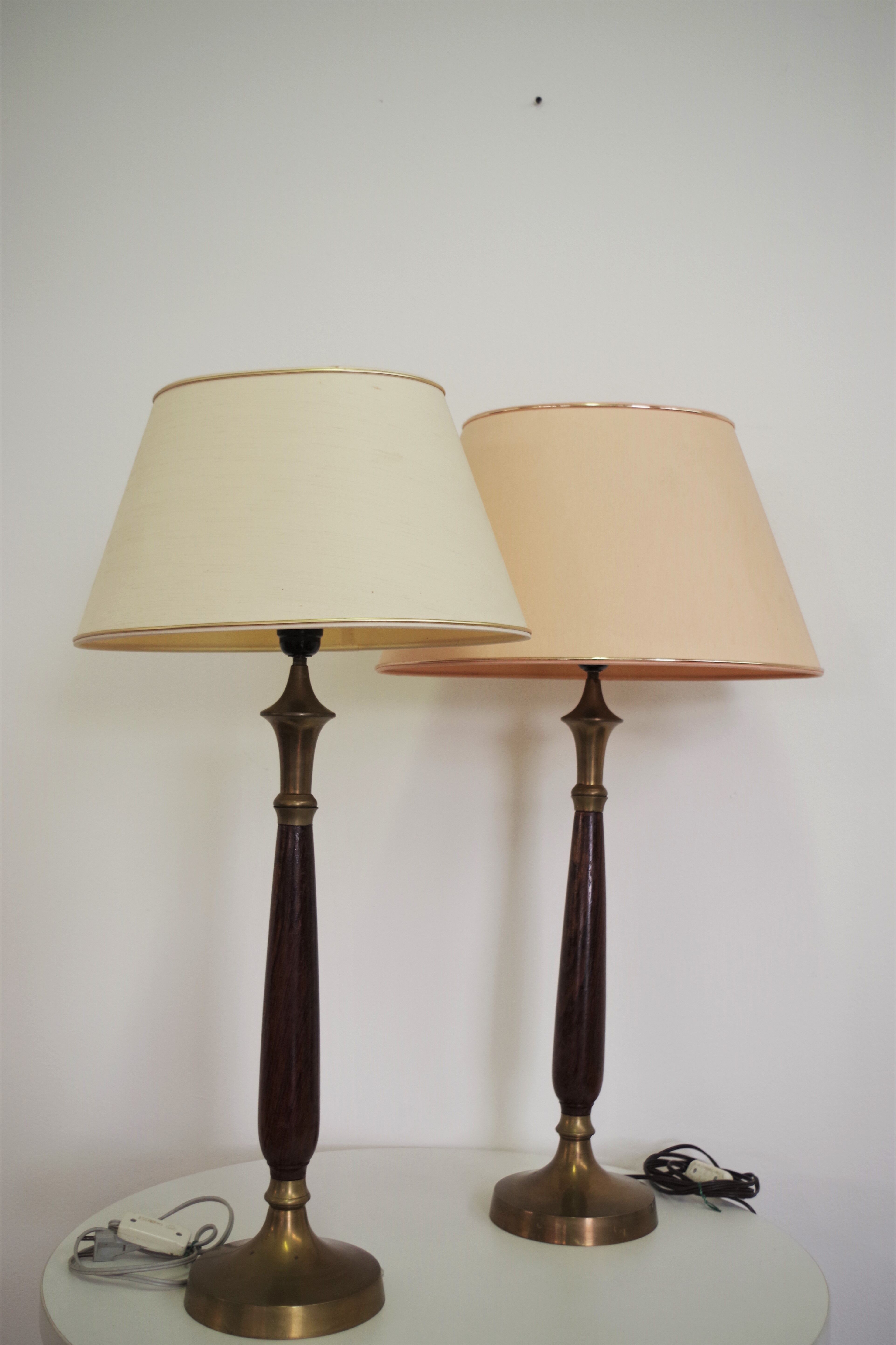 Mahogany Hat Lamps, Brass and Cotton of Abat Day, 1950s, Set of 2