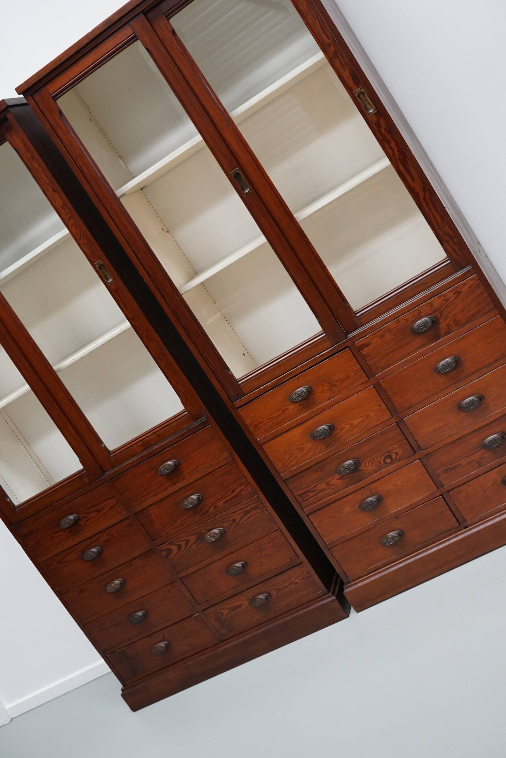Large Antique Belgian Pitch Pine Apothecary Shop Cabinet / Vitrine, ca 1900