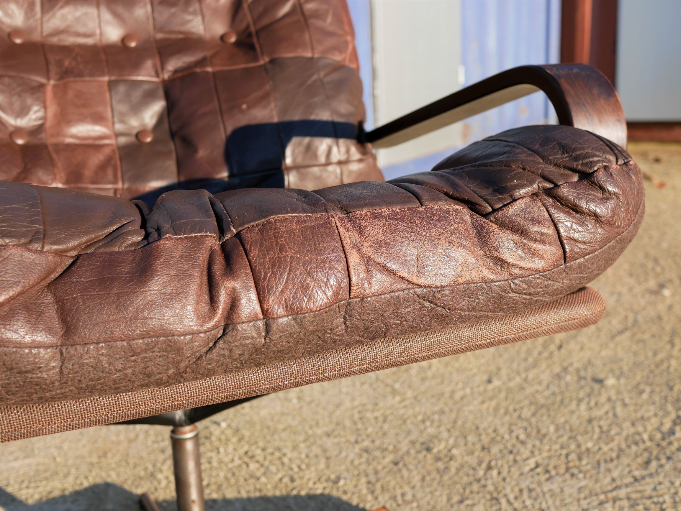 Armchair swivel vintage leather, wood and metal