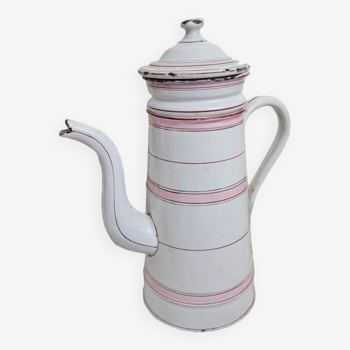 Old white and pink enameled coffee maker