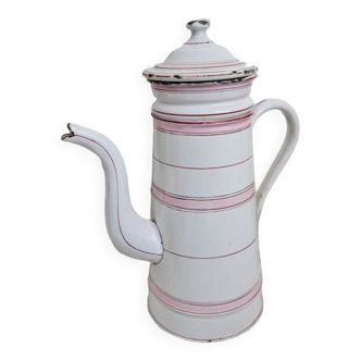 Ancienne cafetière émaillée blanche et rose