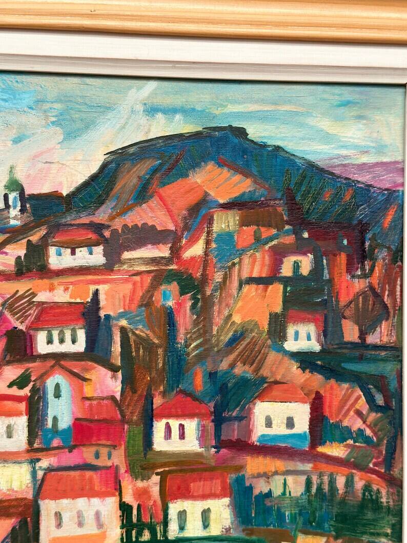 Original Swedish Oil on Panel – “Coastal Town” by Bartovicz 71 – Vintage & Framed – 51 × 41 cm (20" x 16.1")