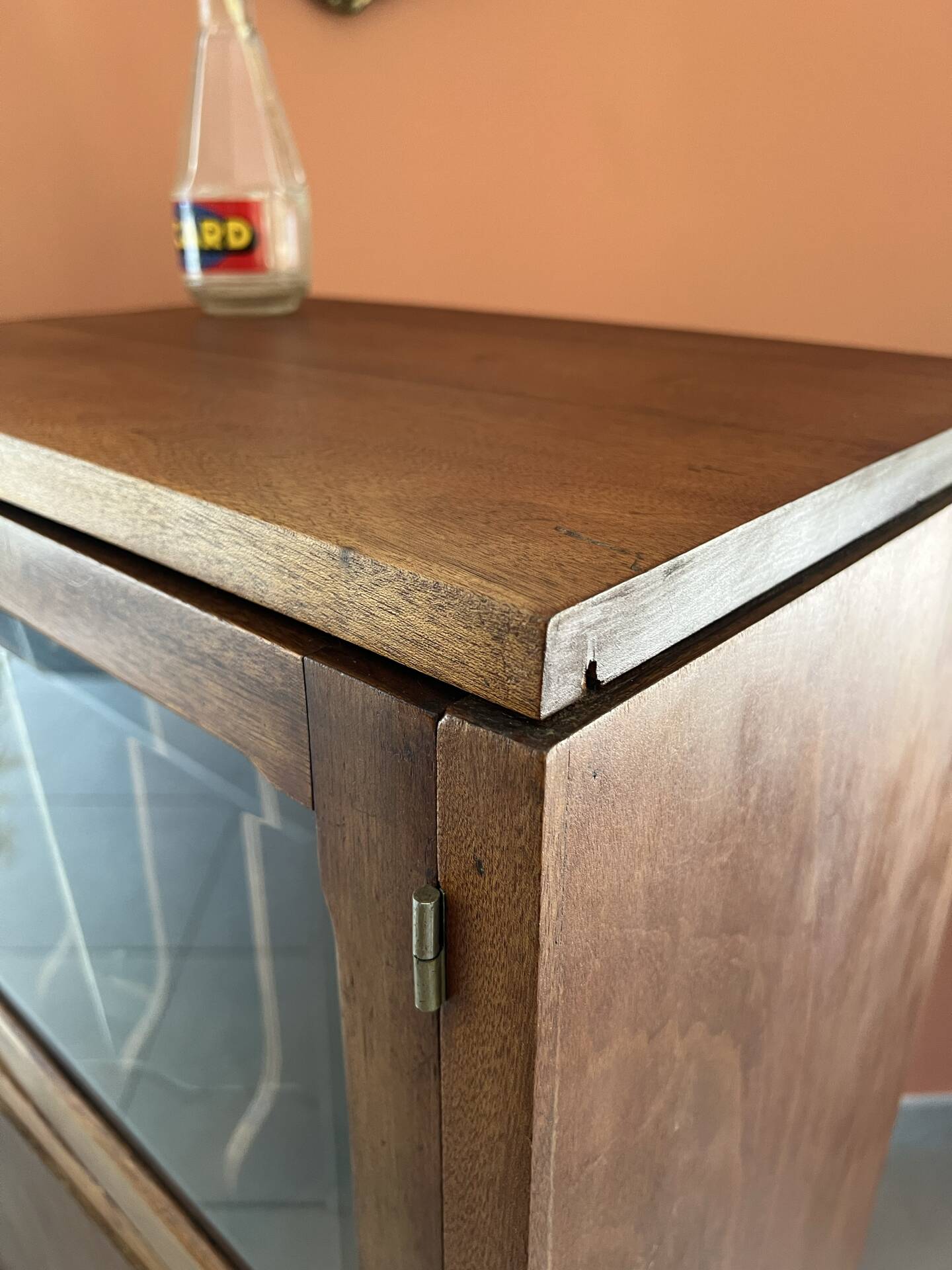 Vintage wooden furniture, vinyl storage, bookshelf, desk.