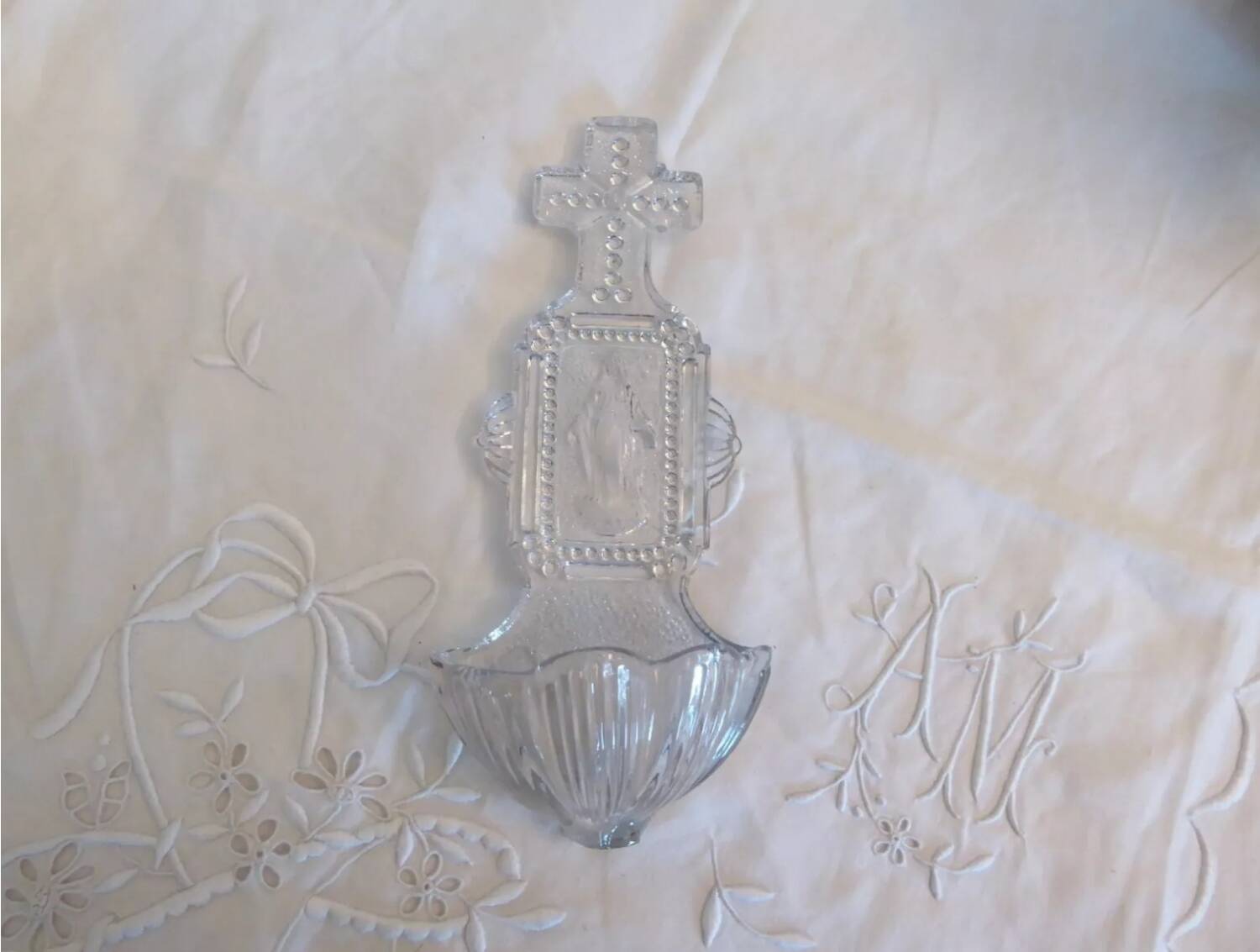 Virgin Mary molded glass stoup