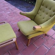 Vintage Papa Bear armchair and footstool in green and oak terry fabric 1950s