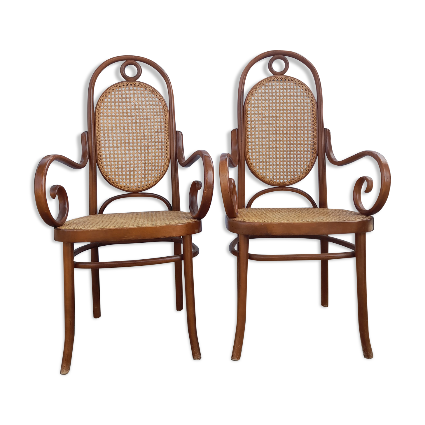 Pair of Thonet style armchairs canned and wood turned