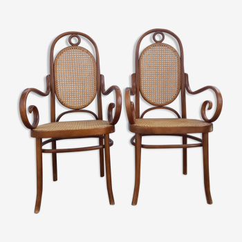 Pair of Thonet style armchairs canned and wood turned