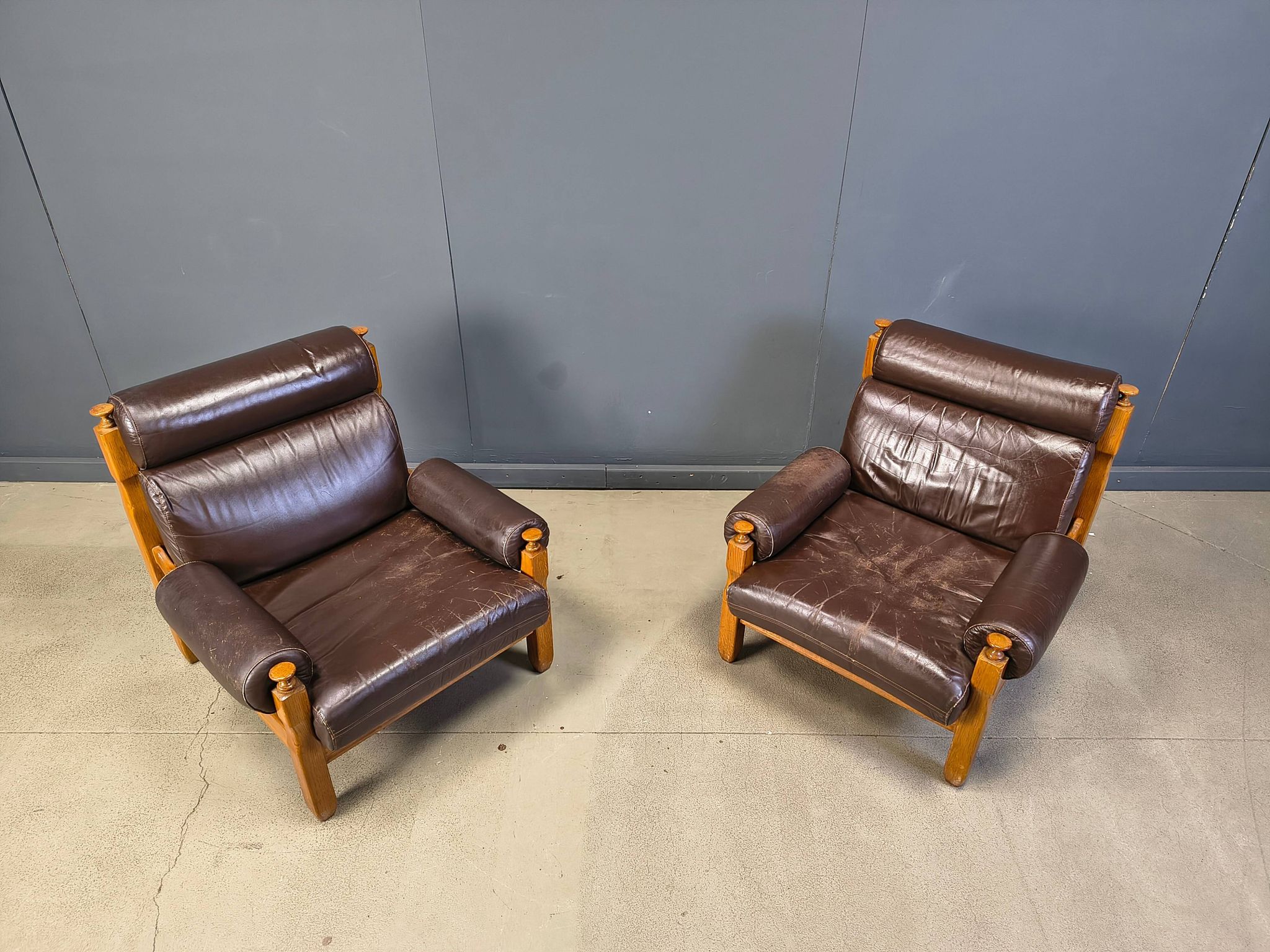 Vintage rustic brown leather and oak armchairs, 1960s - set of 2