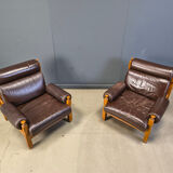 Vintage rustic brown leather and oak armchairs, 1960s - set of 2