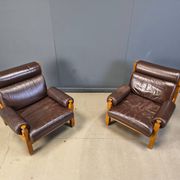 Vintage rustic brown leather and oak armchairs, 1960s - set of 2