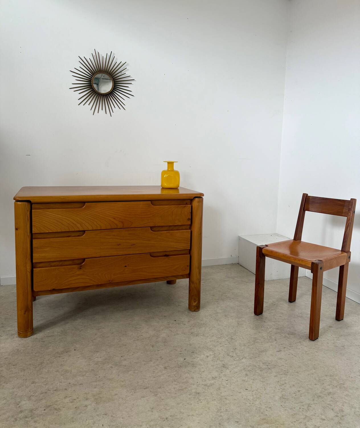 Antique solid elm chest of drawers, French design from the 60s, Maison Regain vintage