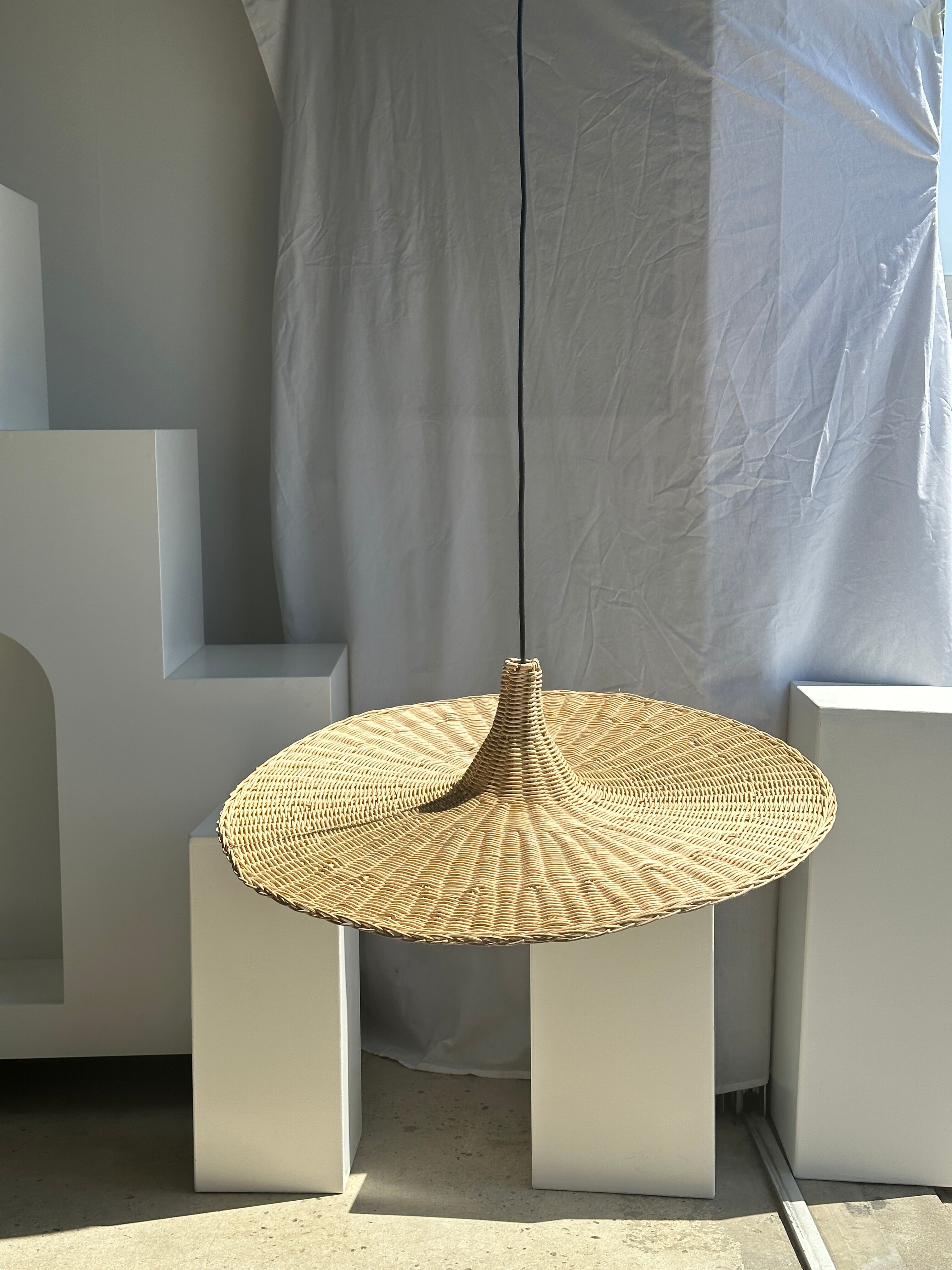 Large suspension, rattan luminaire in hat shape D:80cm