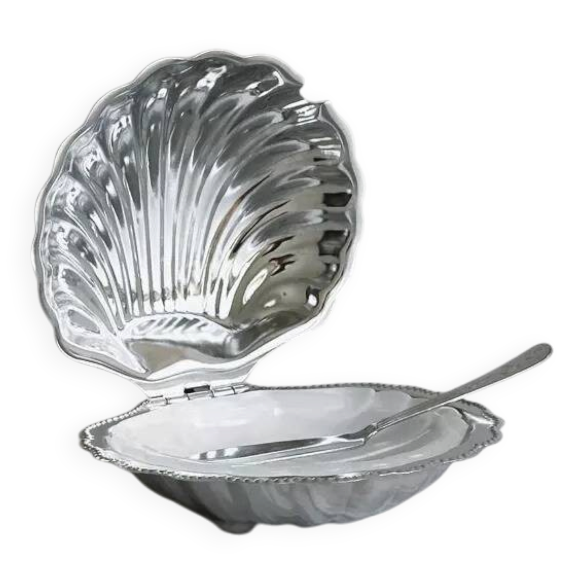 stainless steel butter dish in the shape of a shell