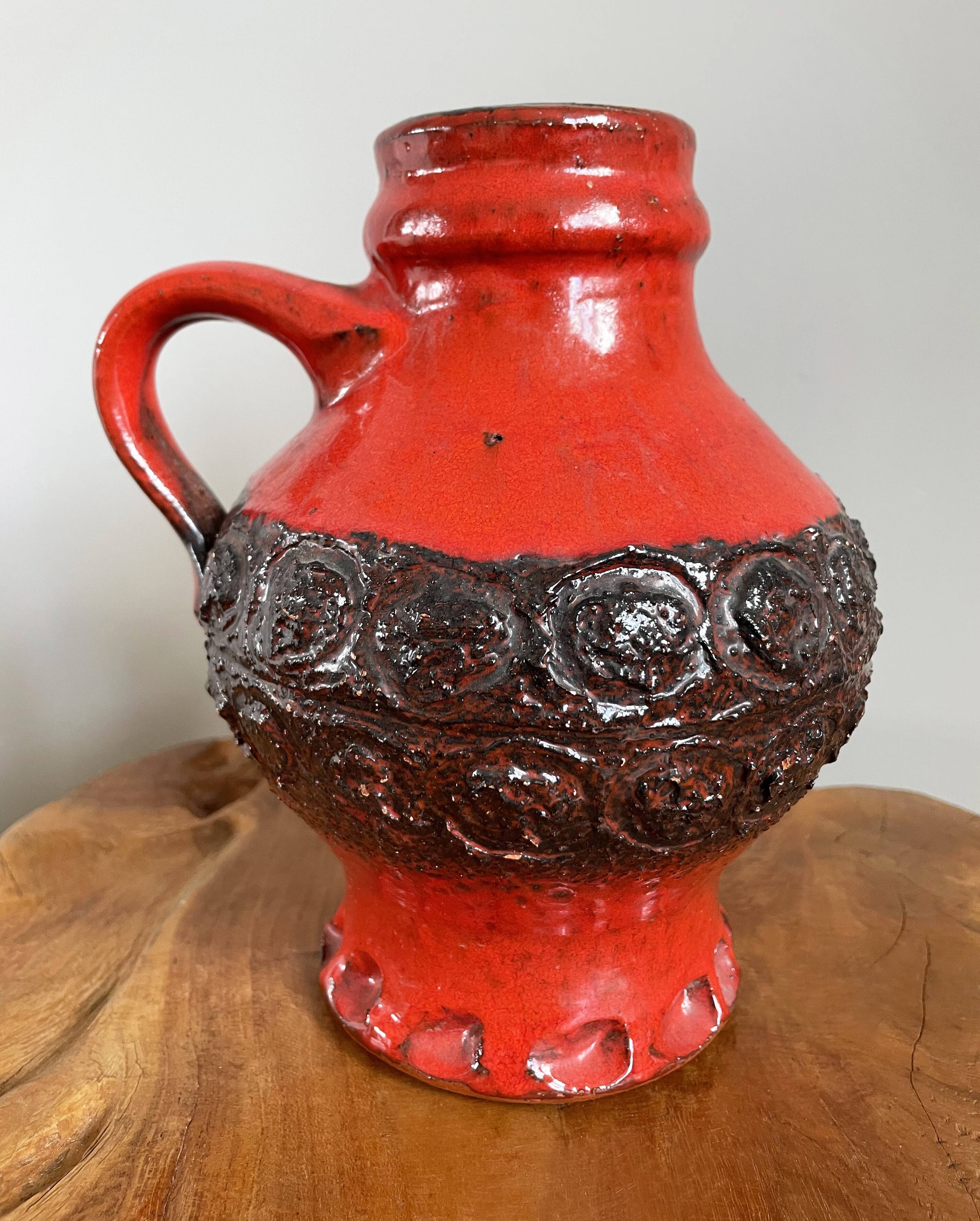 Bright Red and Black Ceramic Vase, Heavy Jug in Mid-Century Style, West German Pottery