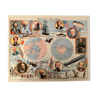 Old poster map of the north pole and the south pole from 1948 - jp pinchon