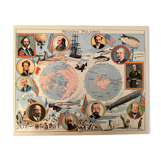 Affiche ancienne carte du pôle nord et du pôle sud de 1948 - jp pinchon