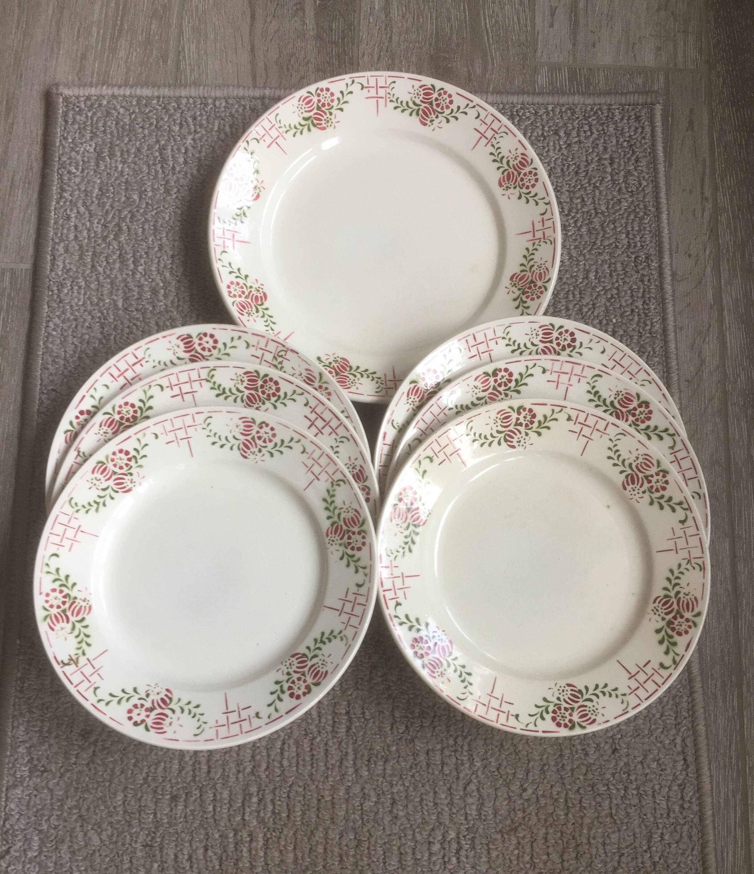 6 dinner plates + 1 dish - iron earth - "ennege" nouvelles galeries paris - vintage