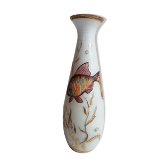 Vase signé tess décor poisson période 1900 art deco hauteur 27 cm