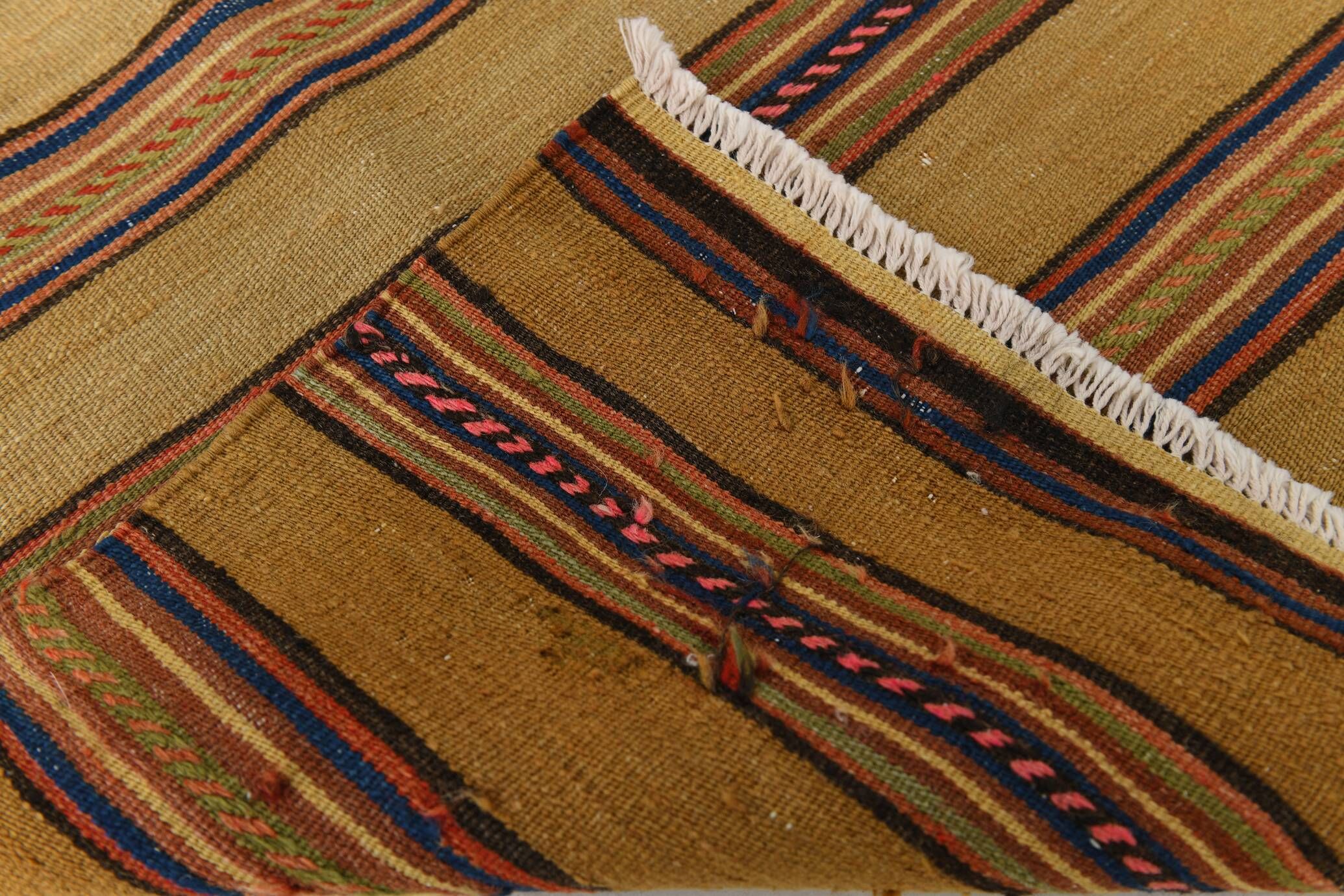 4x7 Bronze & Red Striped Handmade Vintage Kilim Rug, 130x218Cm