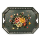 Painted metal tray decorated with flowers on a green background