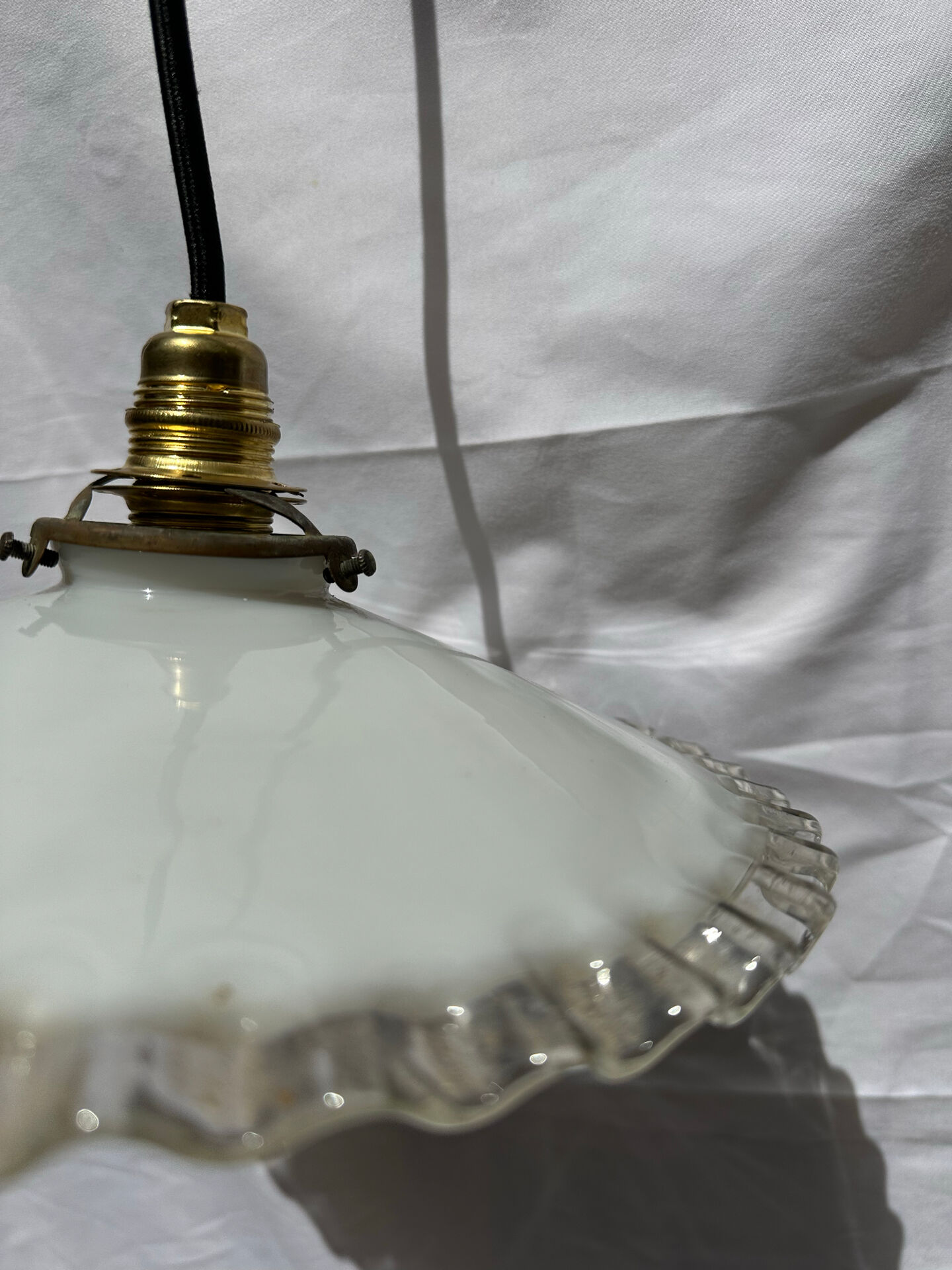 White opaline wavy suspension brass claw vintage lampshade