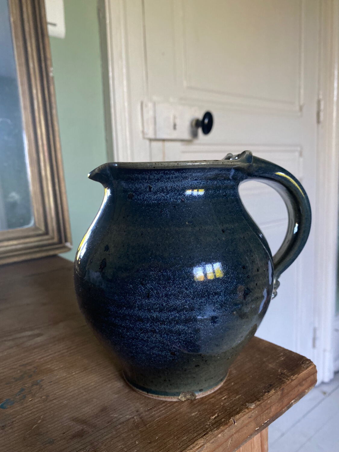Blue carafe in glazed stoneware ceramic signed