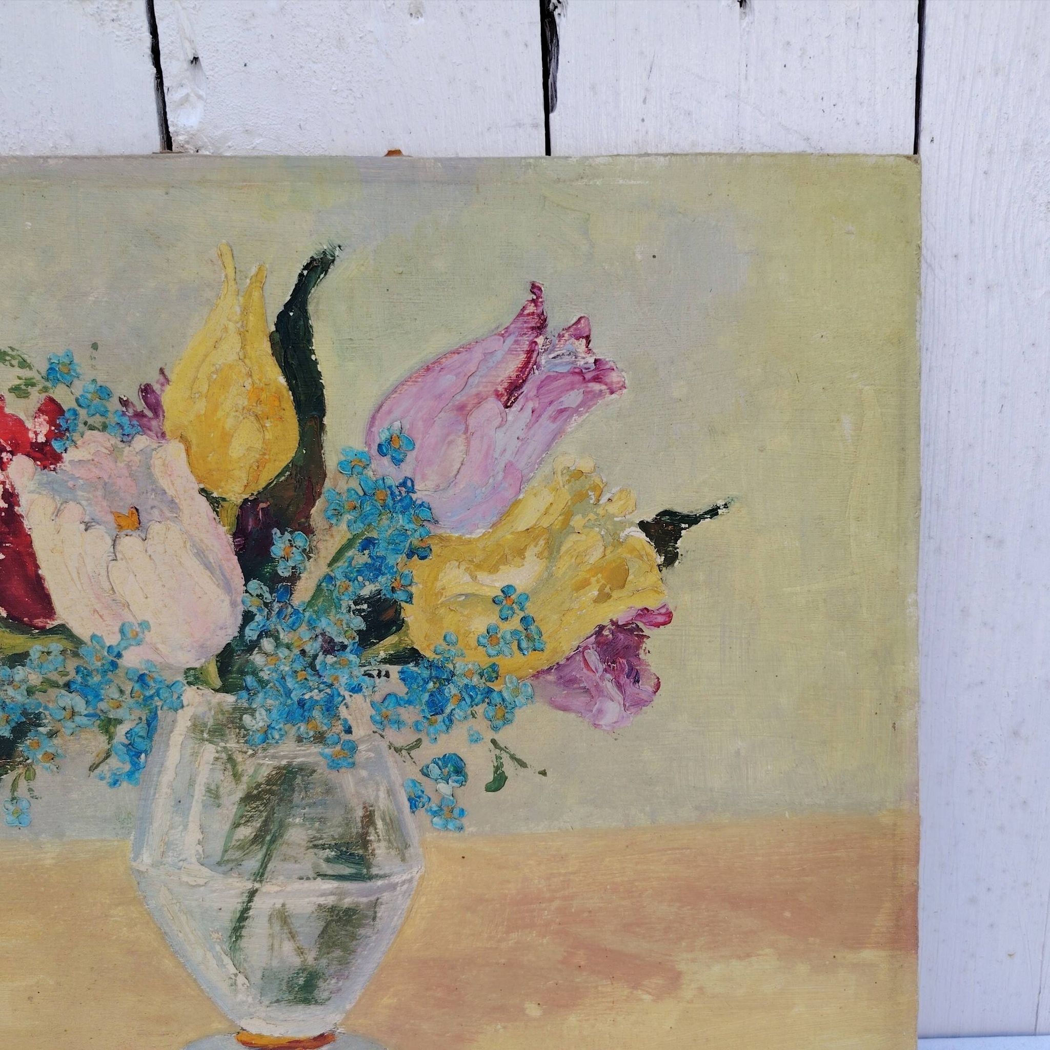 Oil on cardboard Tulips and Forget-me-nots Latallerie-beurier