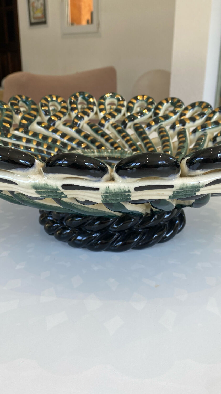 Large woven and twisted ceramic basket, Fase, Vallauris