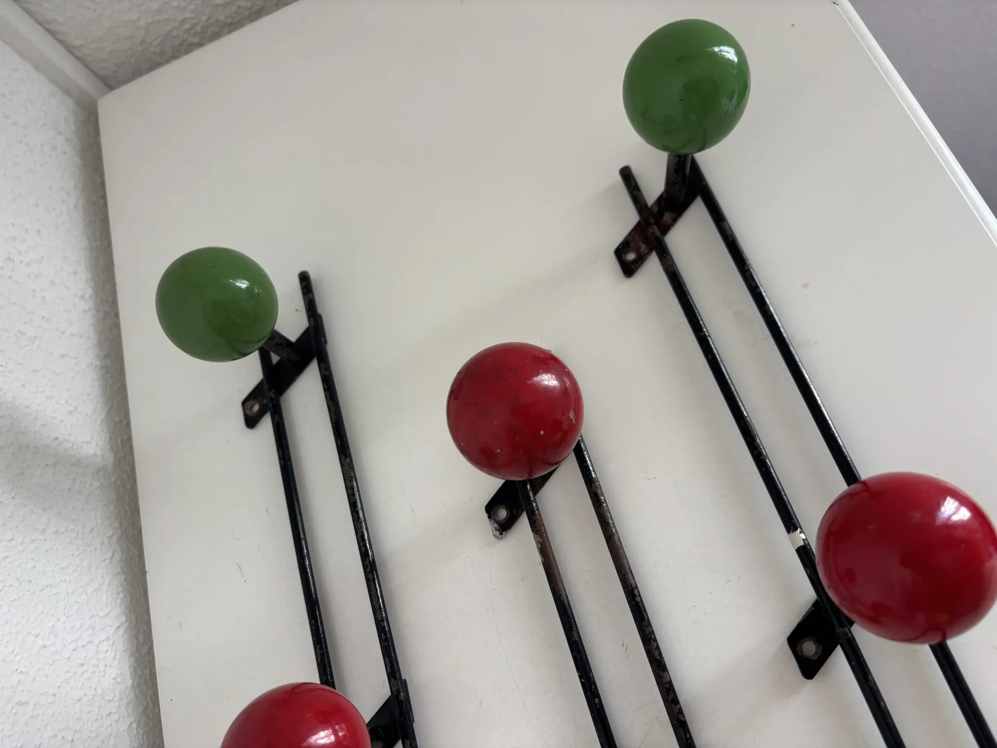 Vintage 1960s tricolour coat rack trio with 3 ball hooks - 45 x 6 / 2